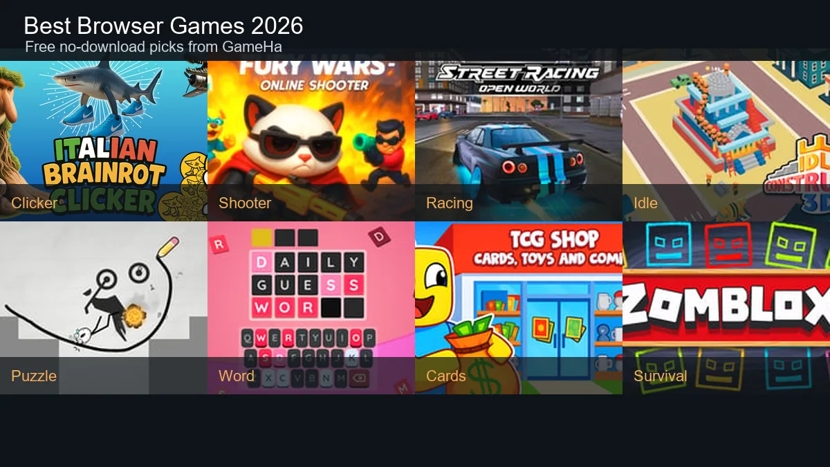 Collage of GameHa browser game screenshots for 2026